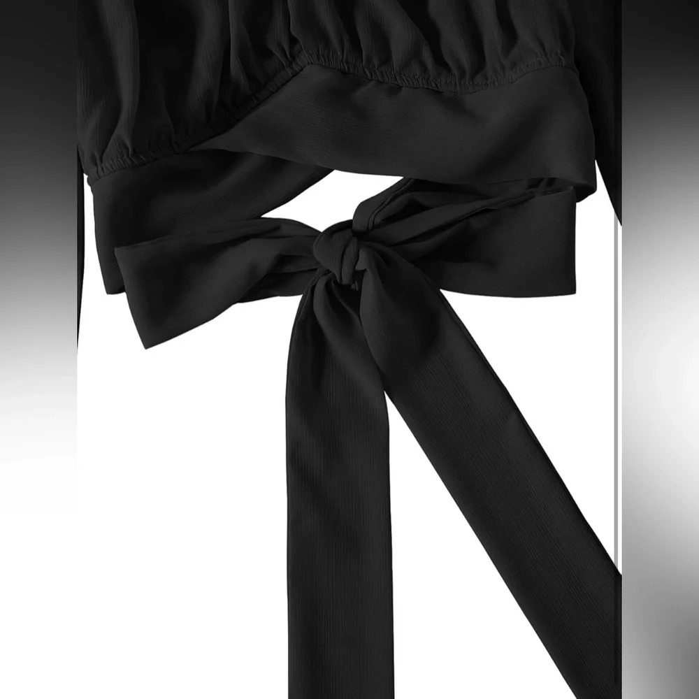 LYANER Women's Cute Off Shoulder Long Sleeve Self Tie Knot Crop Tube Top Blouse🖤 - Picture 3 of 6